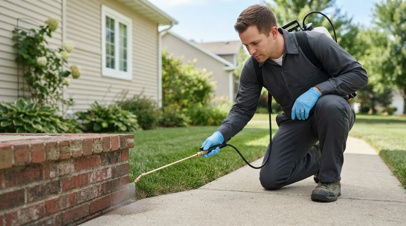Pest control technician treating a home near Wapello, IA