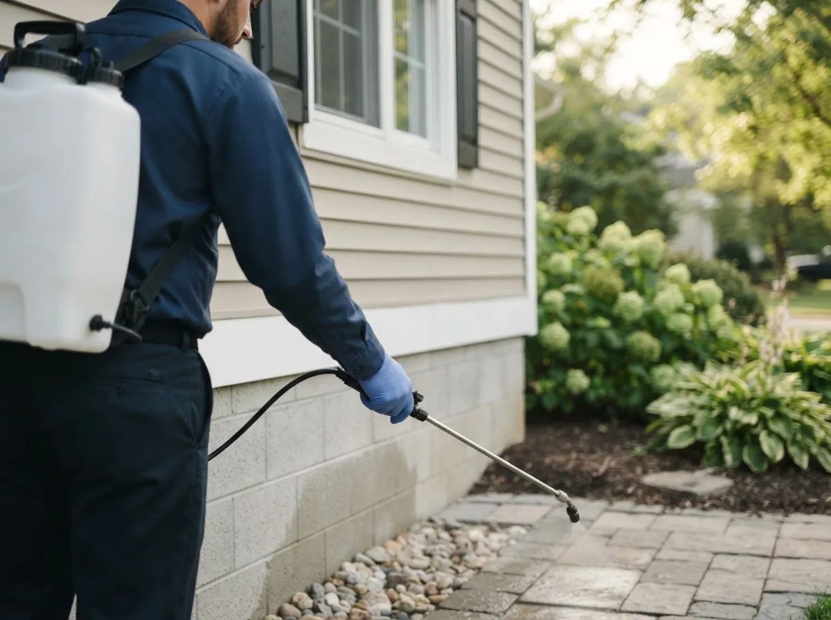 Pest control technician inspecting a home in Wapello, IA